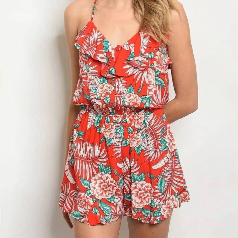 ZENOBIA Red Floral Romper Women’s Tropical Ruffle Romper Size 2XL